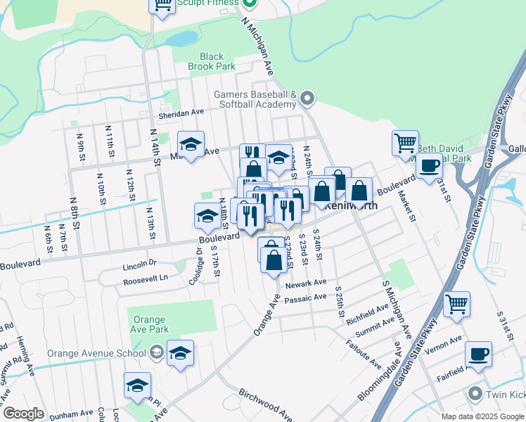 map of restaurants, bars, coffee shops, grocery stores, and more near 522a Boulevard in Kenilworth