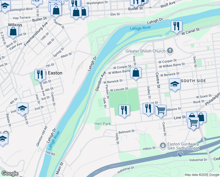 map of restaurants, bars, coffee shops, grocery stores, and more near 528 Packer Street in Easton