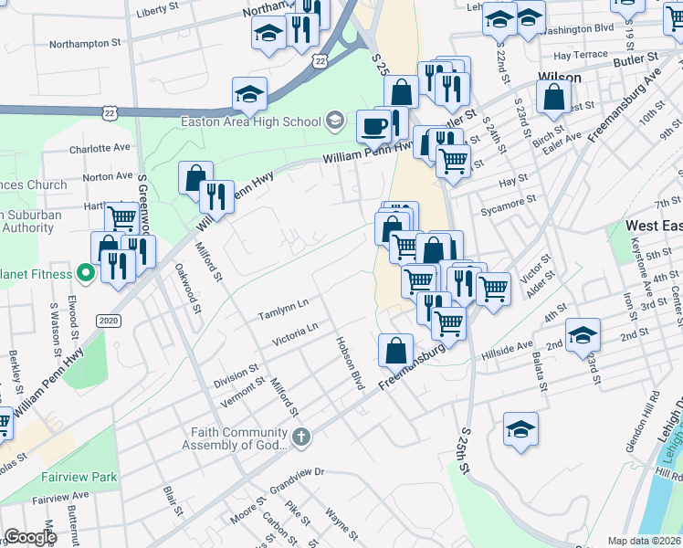map of restaurants, bars, coffee shops, grocery stores, and more near 2643 Tamlynn Court in Easton