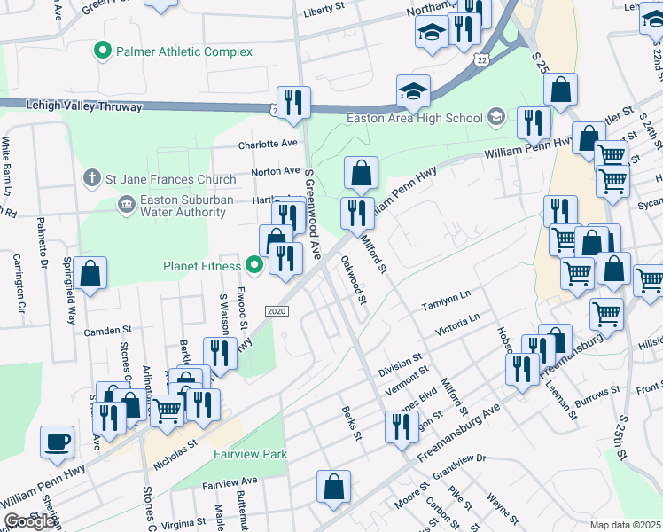 map of restaurants, bars, coffee shops, grocery stores, and more near 3009 William Penn Highway in Easton