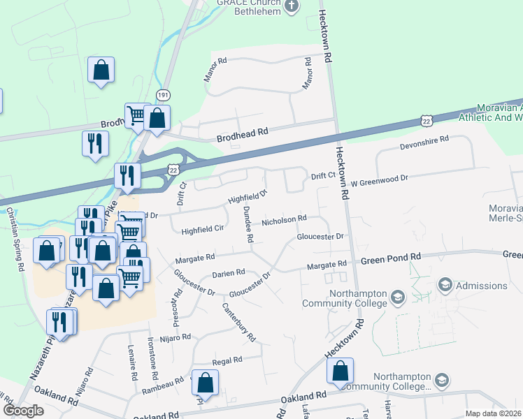map of restaurants, bars, coffee shops, grocery stores, and more near 3908 Dundee Road in Bethlehem