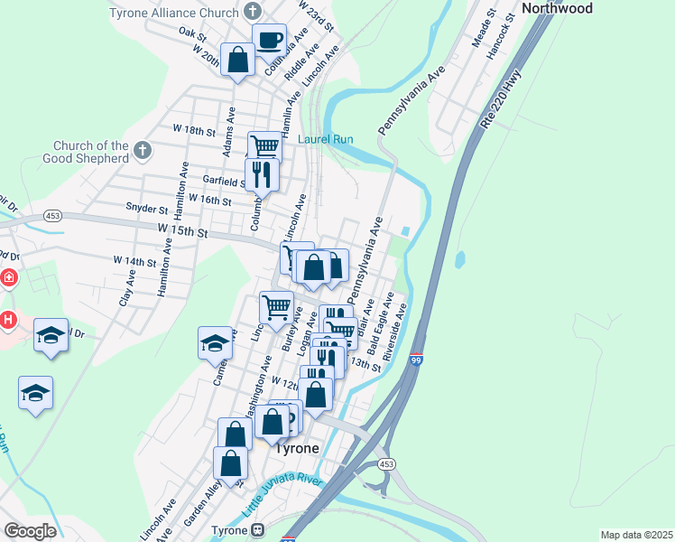 map of restaurants, bars, coffee shops, grocery stores, and more near 1456-58 Logan Avenue in Tyrone