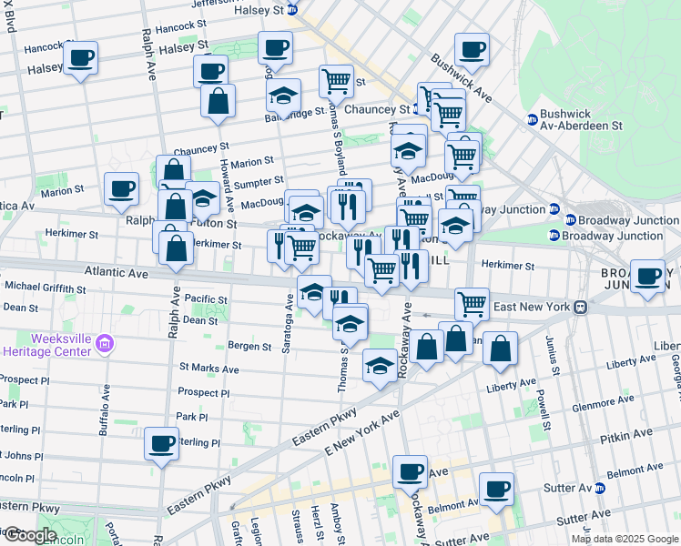 map of restaurants, bars, coffee shops, grocery stores, and more near 2025 Atlantic Avenue in Brooklyn