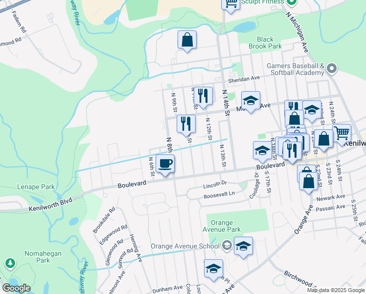 map of restaurants, bars, coffee shops, grocery stores, and more near 53 North 9th Street in Kenilworth