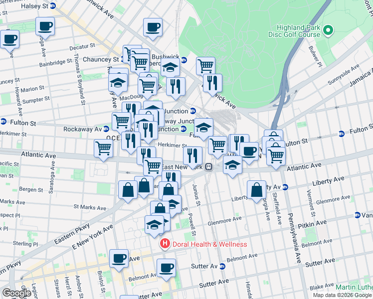 map of restaurants, bars, coffee shops, grocery stores, and more near 1466 Herkimer Street in Brooklyn