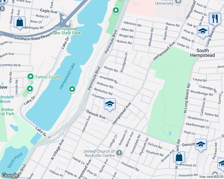 map of restaurants, bars, coffee shops, grocery stores, and more near 60 Andover Rd in Rockville Centre