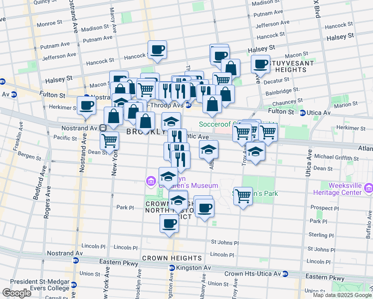 map of restaurants, bars, coffee shops, grocery stores, and more near 1474 Pacific Street in Brooklyn