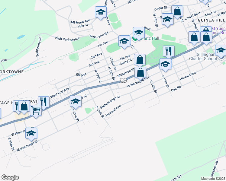 map of restaurants, bars, coffee shops, grocery stores, and more near 18 South 19th Street in Pottsville