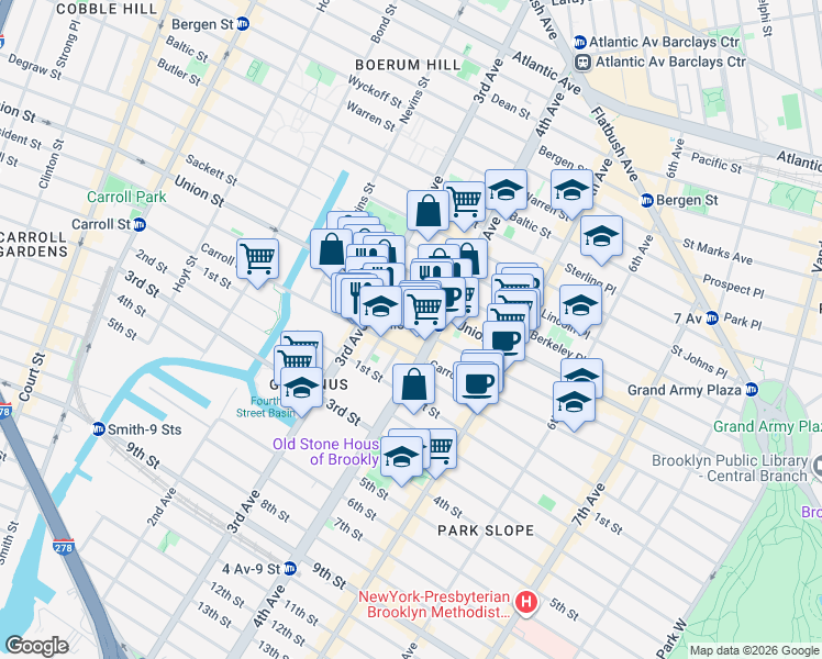 map of restaurants, bars, coffee shops, grocery stores, and more near 564 President Street in Brooklyn