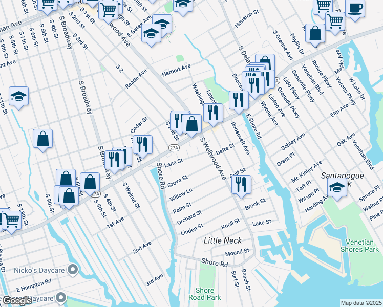 map of restaurants, bars, coffee shops, grocery stores, and more near 66 Lane Street in Lindenhurst