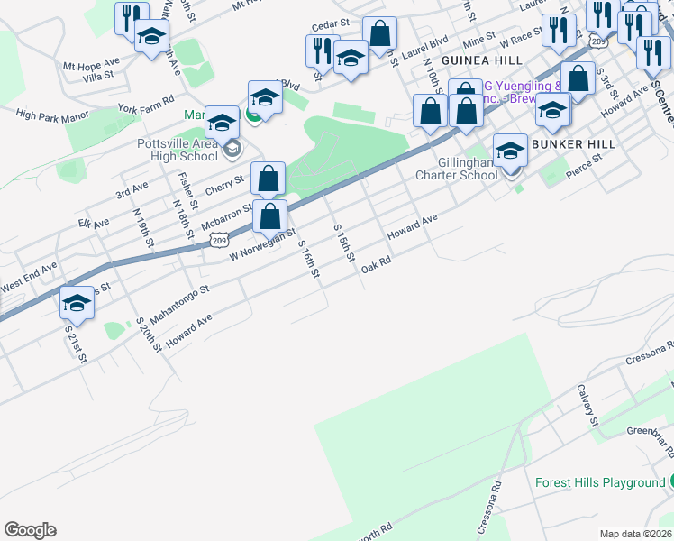map of restaurants, bars, coffee shops, grocery stores, and more near 1509 Howard Avenue in Pottsville