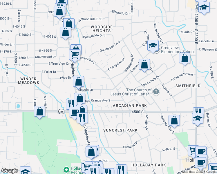 map of restaurants, bars, coffee shops, grocery stores, and more near 1893 Lincoln Lane in Holladay