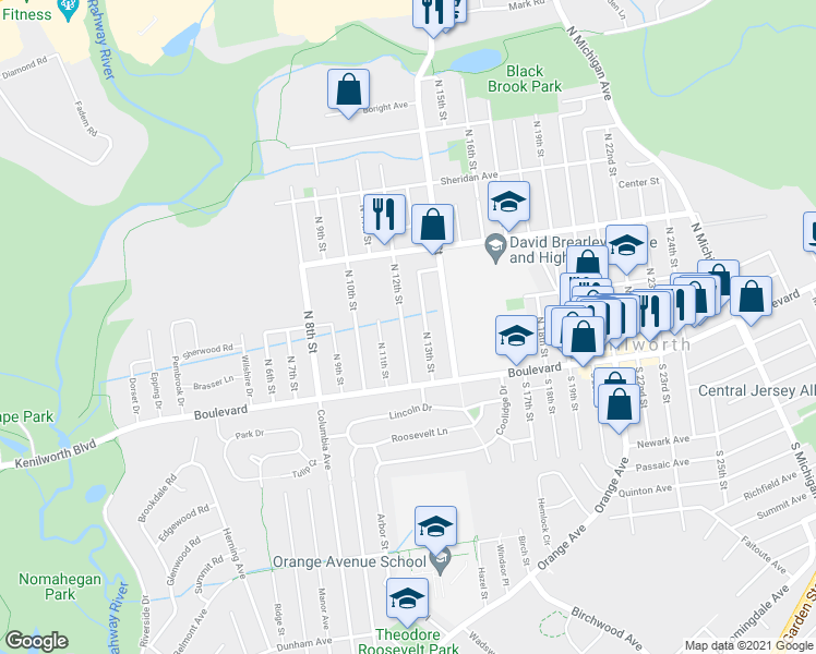 map of restaurants, bars, coffee shops, grocery stores, and more near 43 North 12th Street in Kenilworth