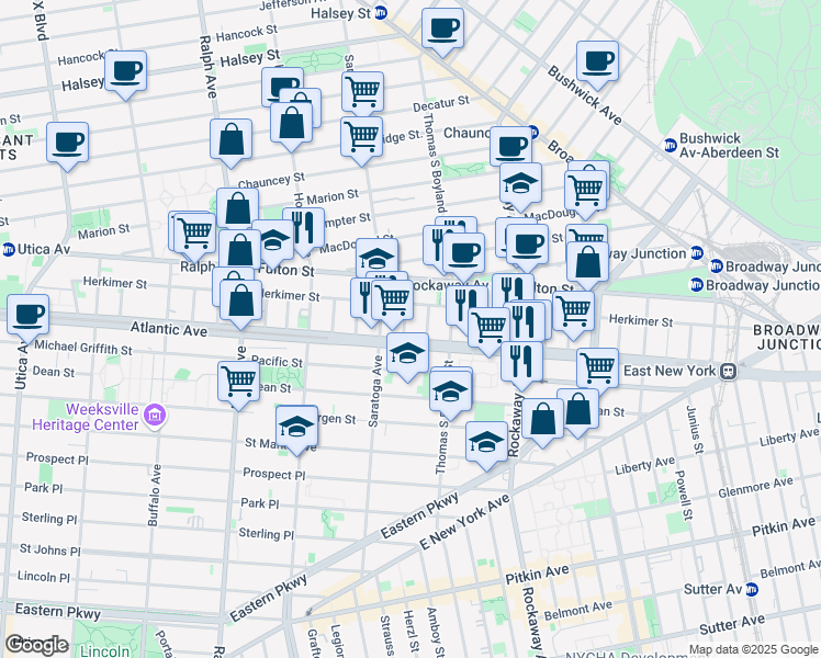 map of restaurants, bars, coffee shops, grocery stores, and more near 23 Roosevelt Place in Brooklyn