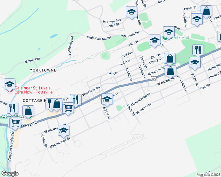 map of restaurants, bars, coffee shops, grocery stores, and more near 2004 West Market Street in Pottsville