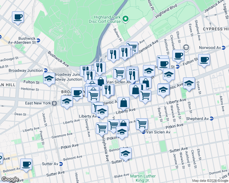 map of restaurants, bars, coffee shops, grocery stores, and more near 94 Wyona Street in Brooklyn