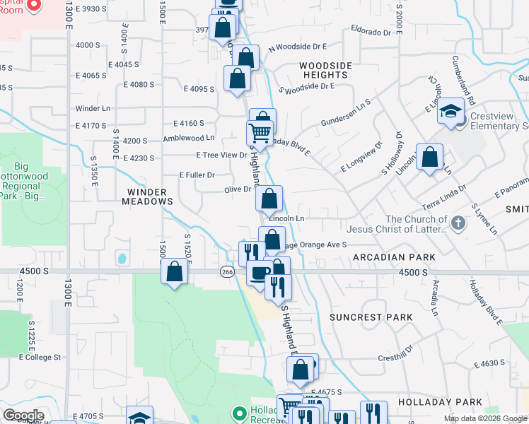 map of restaurants, bars, coffee shops, grocery stores, and more near 4345 South Highland Drive in Holladay