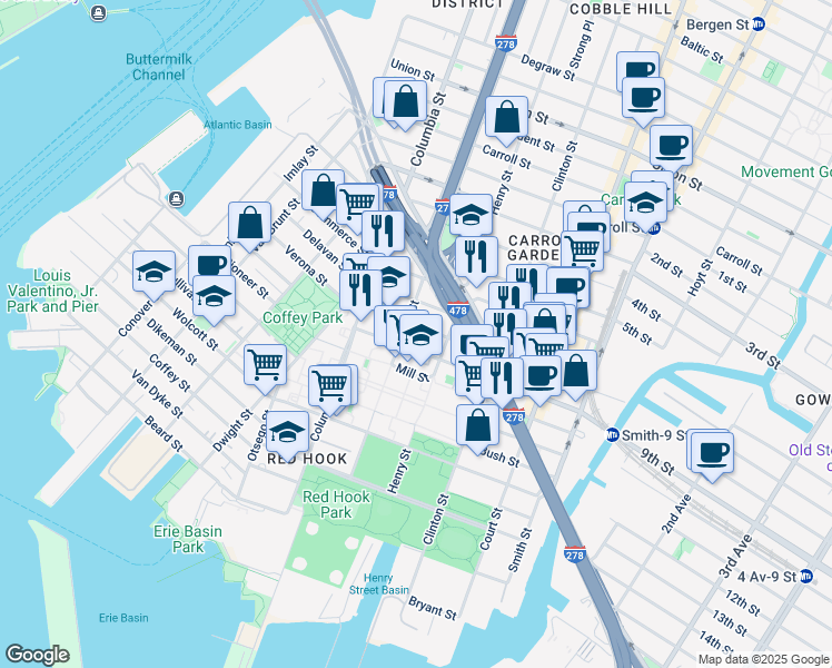 map of restaurants, bars, coffee shops, grocery stores, and more near 56 Huntington Street in Brooklyn