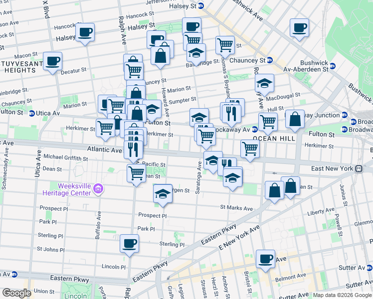 map of restaurants, bars, coffee shops, grocery stores, and more near 25 Louis Place in Brooklyn