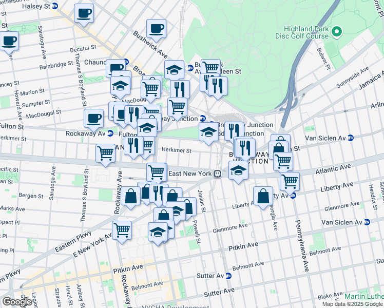 map of restaurants, bars, coffee shops, grocery stores, and more near 1466 Herkimer Street in Brooklyn