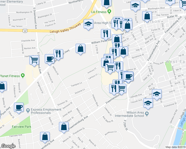 map of restaurants, bars, coffee shops, grocery stores, and more near 2643 Tamlynn Court in Easton