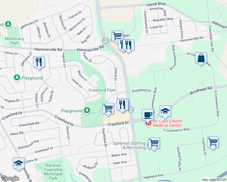 map of restaurants, bars, coffee shops, grocery stores, and more near 4621 Cheryl Drive in Bethlehem