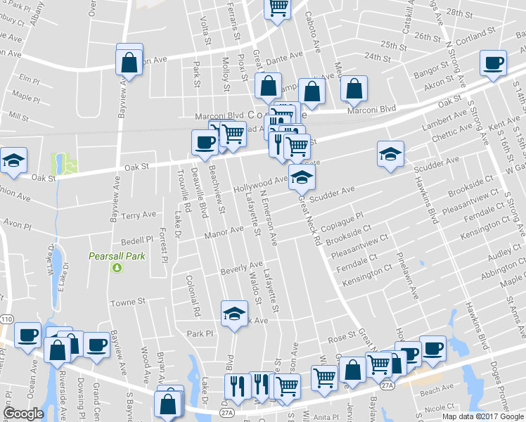 map of restaurants, bars, coffee shops, grocery stores, and more near 300 Lafayette Street in Copiague