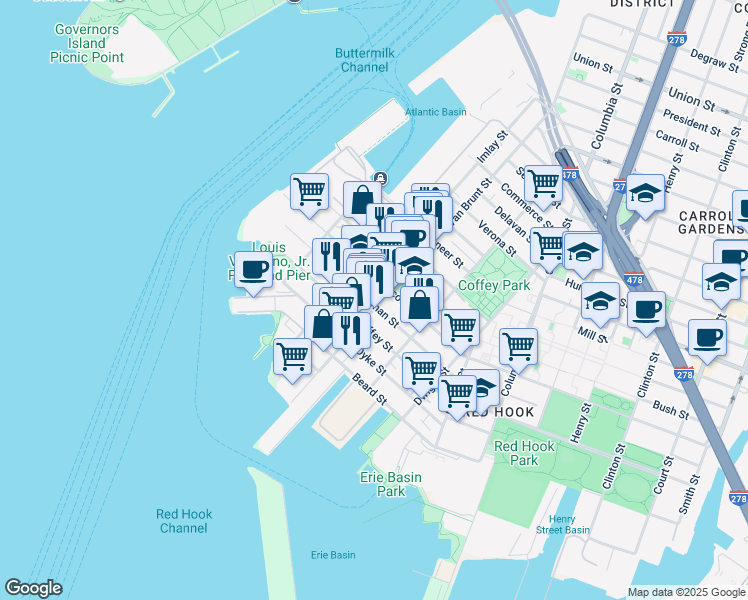 map of restaurants, bars, coffee shops, grocery stores, and more near 353 Van Brunt Street in Brooklyn