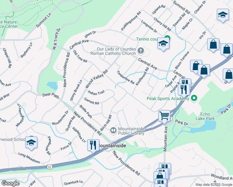 map of restaurants, bars, coffee shops, grocery stores, and more near 282 Indian Trail in Mountainside