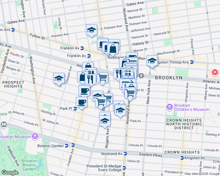 map of restaurants, bars, coffee shops, grocery stores, and more near Rogers Avenue & Dean Street in Brooklyn