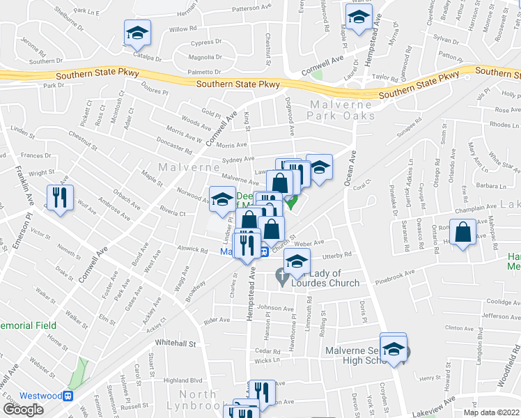 map of restaurants, bars, coffee shops, grocery stores, and more near 34 Norwood Ave in Malverne