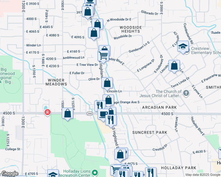 map of restaurants, bars, coffee shops, grocery stores, and more near 1753 Lincoln Lane in Holladay