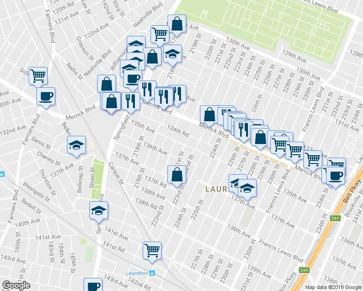 map of restaurants, bars, coffee shops, grocery stores, and more near 135-02 221st Street in Queens