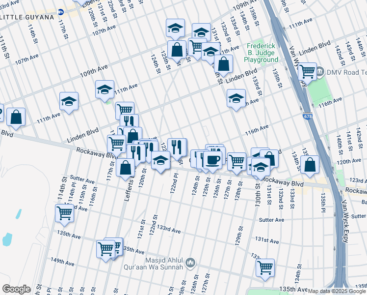 map of restaurants, bars, coffee shops, grocery stores, and more near 115-40 124th Street in Queens