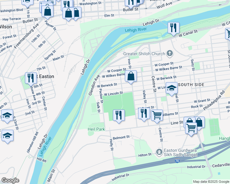 map of restaurants, bars, coffee shops, grocery stores, and more near 1033 West Lincoln Street in Easton