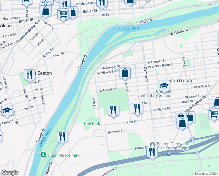 map of restaurants, bars, coffee shops, grocery stores, and more near 1039 West Lincoln Street in Easton