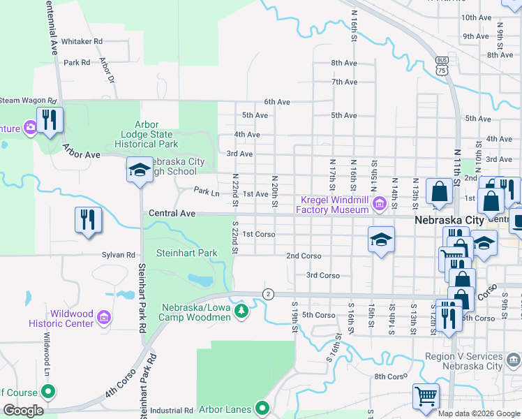 map of restaurants, bars, coffee shops, grocery stores, and more near 2016 Central Avenue in Nebraska City