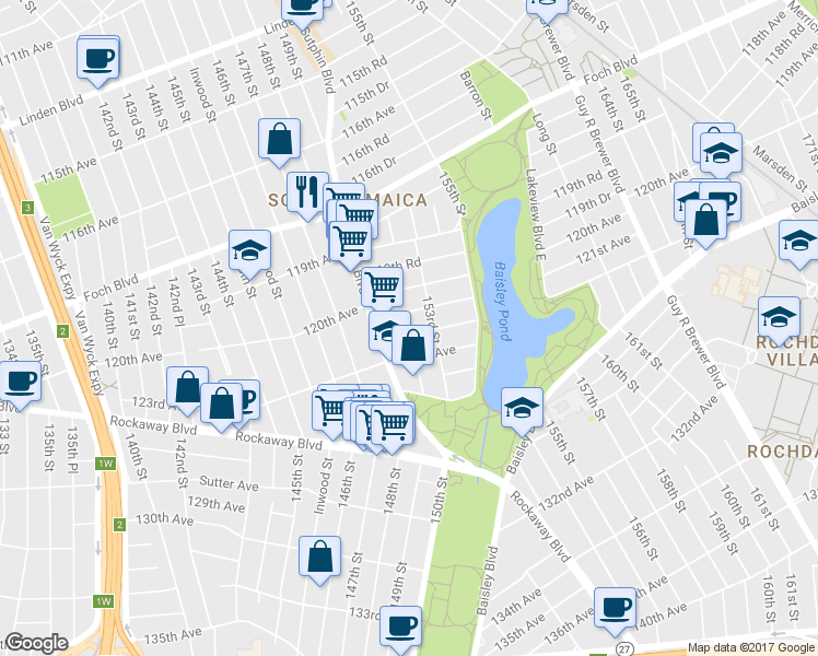 map of restaurants, bars, coffee shops, grocery stores, and more near 150-31 122nd Ave in Queens