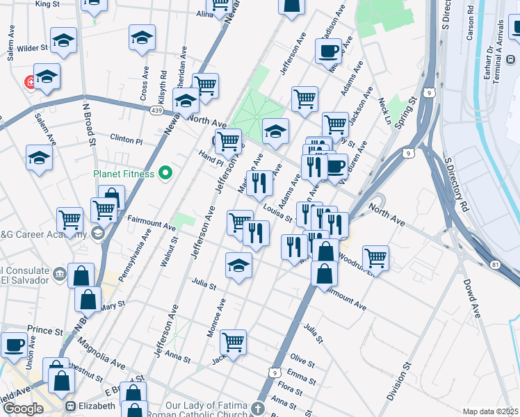 map of restaurants, bars, coffee shops, grocery stores, and more near 663 Monroe Avenue in Elizabeth