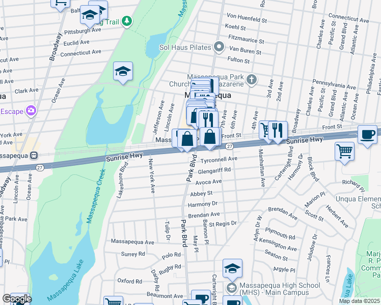 map of restaurants, bars, coffee shops, grocery stores, and more near 4842 Sunrise Highway in Massapequa Park