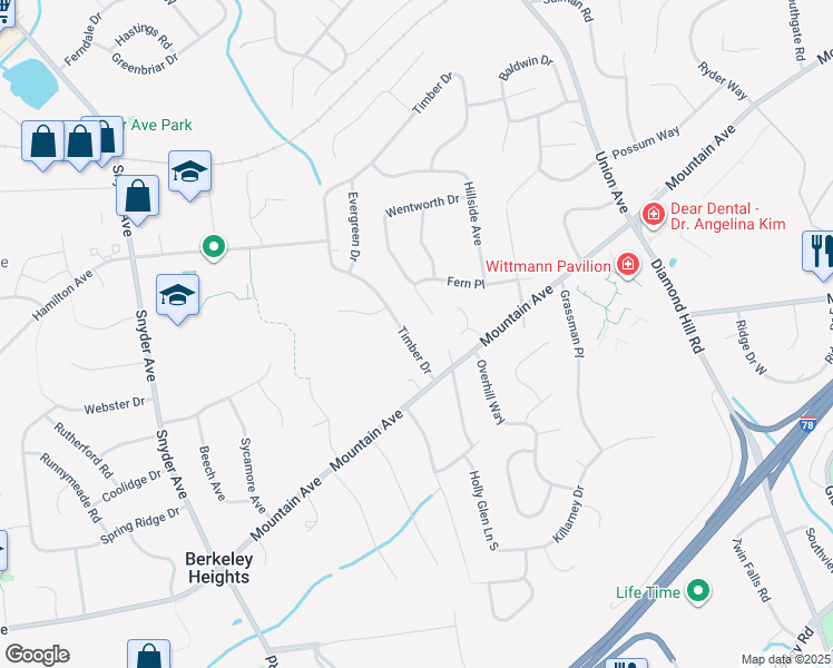 map of restaurants, bars, coffee shops, grocery stores, and more near 31 Timber Drive in Berkeley Heights
