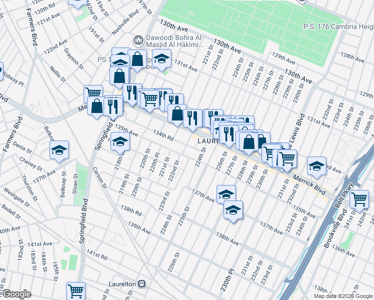 map of restaurants, bars, coffee shops, grocery stores, and more near 134-41 222nd Street in Queens