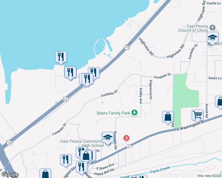 map of restaurants, bars, coffee shops, grocery stores, and more near 1105 Fondulac Drive in East Peoria