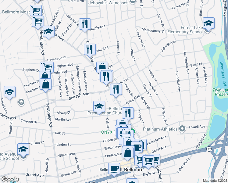 map of restaurants, bars, coffee shops, grocery stores, and more near 1905 Bellmore Avenue in North Bellmore