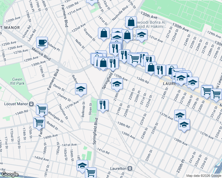 map of restaurants, bars, coffee shops, grocery stores, and more near 217-09 136th Road in Queens