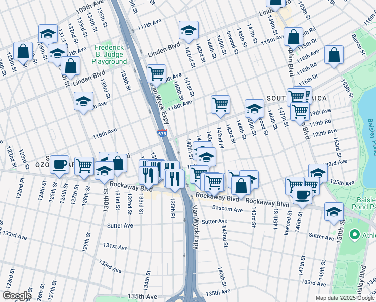 map of restaurants, bars, coffee shops, grocery stores, and more near 117-40 140th Street in Queens