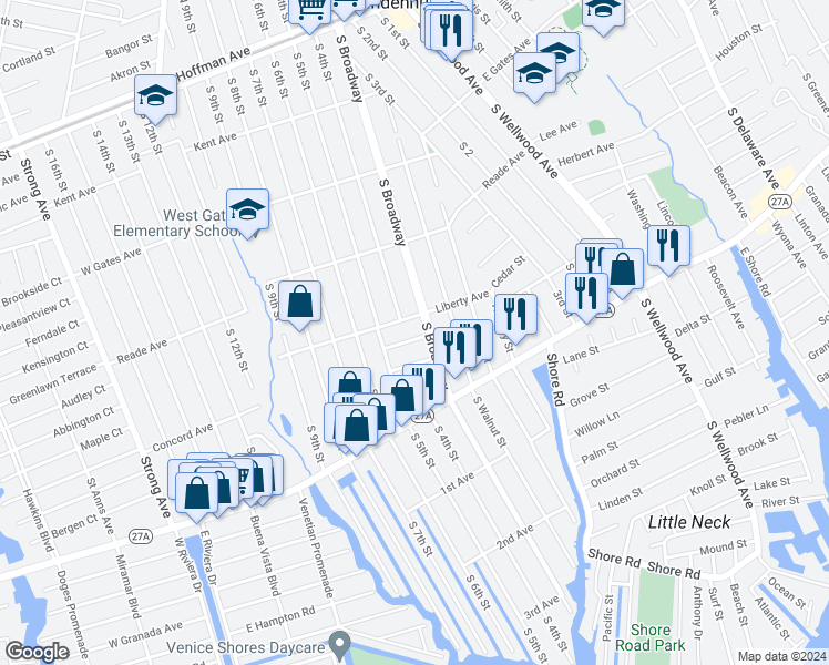 map of restaurants, bars, coffee shops, grocery stores, and more near 110 Fir Street in Lindenhurst