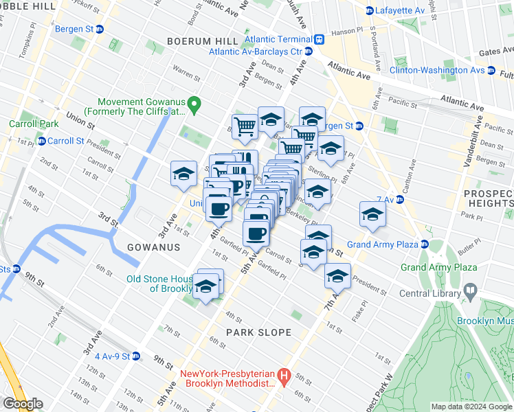 map of restaurants, bars, coffee shops, grocery stores, and more near 701 Union Street in Brooklyn