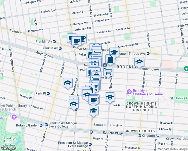 map of restaurants, bars, coffee shops, grocery stores, and more near 628 Nostrand Avenue in Brooklyn
