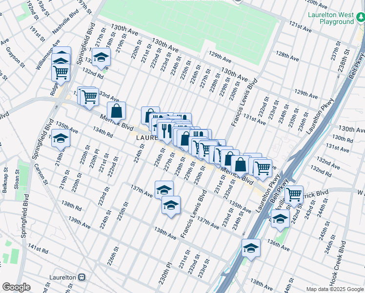 map of restaurants, bars, coffee shops, grocery stores, and more near 227-1 Merrick Boulevard in Queens
